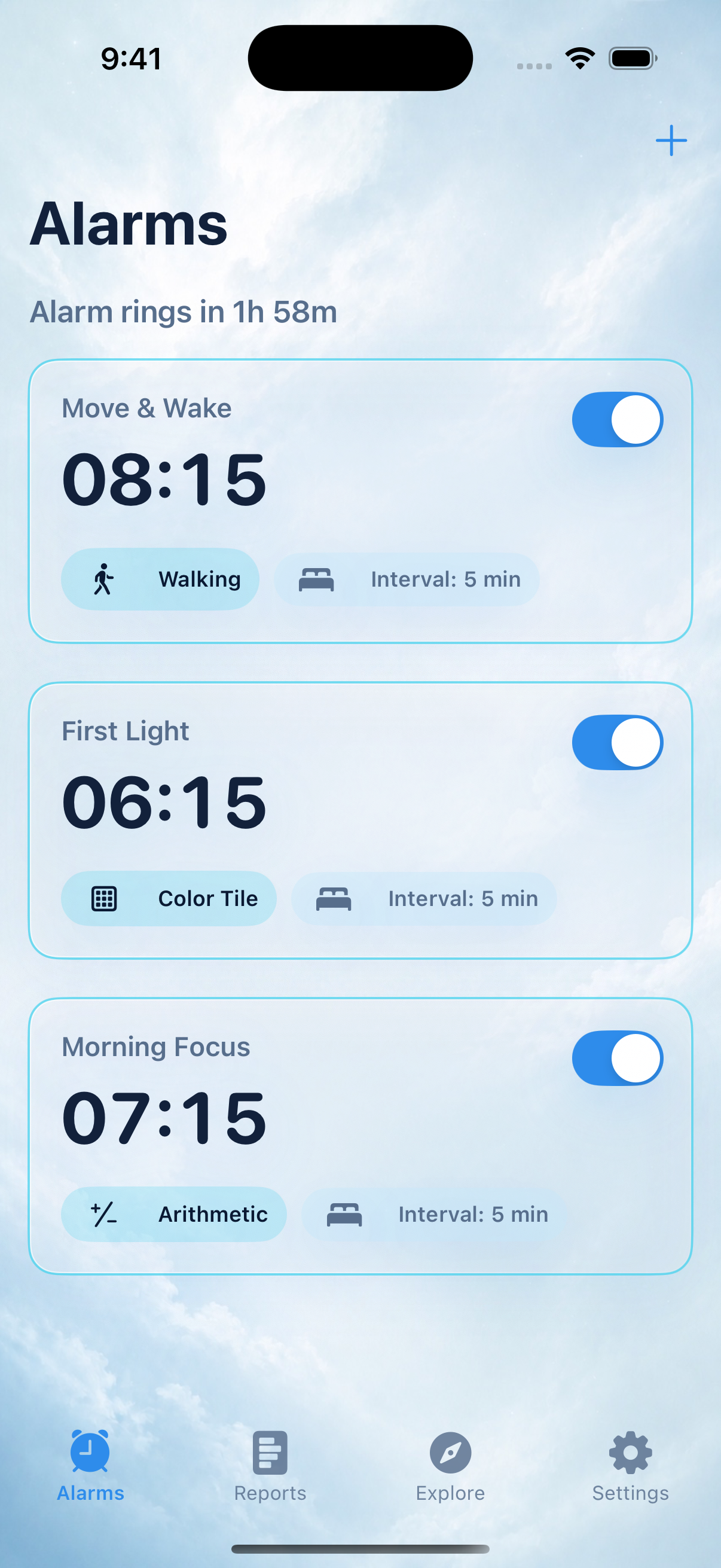 DanXing alarms screen with three morning alarms and different wake missions